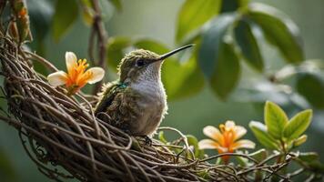 A hummingbird perched on a nest surrounded by vibrant flowers and greenery. photo