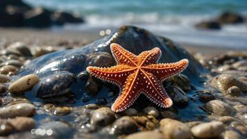 A vibrant starfish resting on smooth pebbles by the shore, with waves in the background. photo