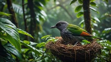 A bird sitting in a nest surrounded by lush greenery in a misty forest. photo