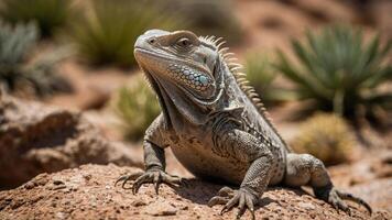 A close-up of a lizard on a rocky surface with green plants in the background. photo