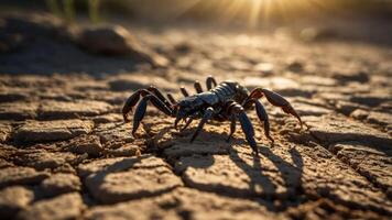 A close-up of a scorpion on cracked earth, illuminated by warm sunlight. photo