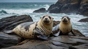Two seals resting on rocky shore with ocean waves in the background. photo