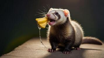 A ferret playfully holds a bunch of bananas, showcasing its playful nature. photo