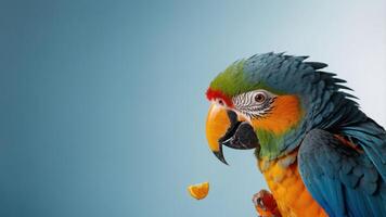 A colorful parrot eating a piece of fruit against a soft gradient background. photo