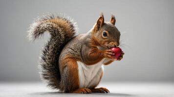 A squirrel holding a small red object, showcasing its playful nature. photo