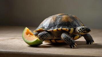 A tortoise beside a slice of cantaloupe on a wooden surface. photo