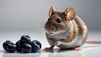 A close-up of a mouse beside a cluster of blueberries. photo