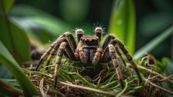A close-up of a spider among green foliage, showcasing its intricate details and environment. photo