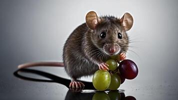 A cute mouse holding a cluster of grapes, showcasing its playful nature. photo