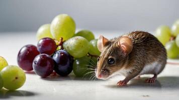 A small mouse explores a cluster of green and red grapes on a surface. photo