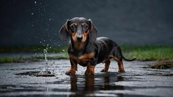 A playful dachshund stands in a puddle, water splashing around in a vibrant setting. photo