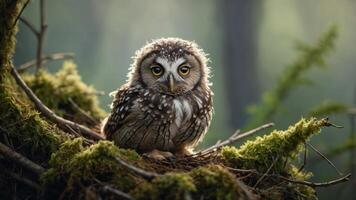 A fluffy owl perched on a mossy nest in a serene forest setting. photo