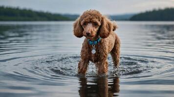 A poodle stands in shallow water, creating ripples, against a serene natural backdrop. photo
