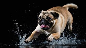 A playful pug leaps through water, creating splashes against a dark background. photo