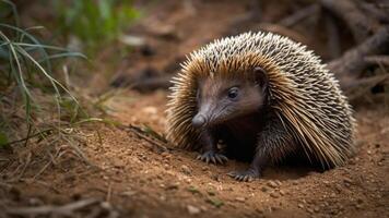 A close-up of an echidna exploring its natural habitat on the ground. photo