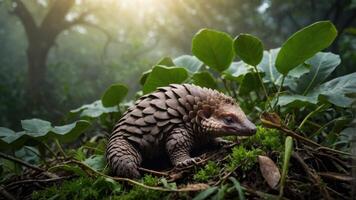 A pangolin nestled among lush green foliage in a misty forest. photo