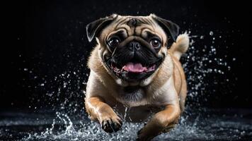A playful pug running through water, showcasing energy and joy in a dynamic setting. photo