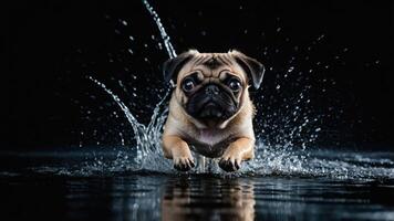 A playful pug leaps through water, creating splashes against a dark background. photo