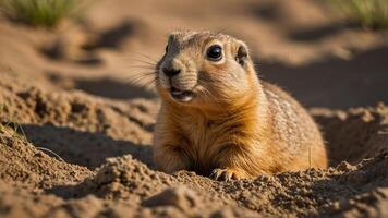 A close-up of a prairie dog emerging from its burrow in a sandy environment. photo