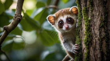A cute animal peeking from behind a tree, showcasing its large eyes and expressive features. photo