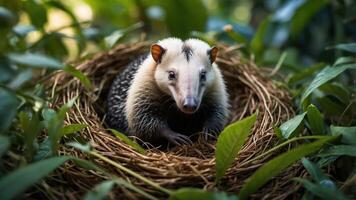 A close-up of an animal resting in a nest surrounded by lush greenery. photo