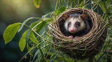 A cute opossum peeks out from a nest surrounded by greenery. photo