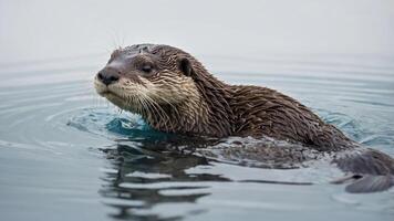 A close-up of an otter swimming in calm water, showcasing its playful nature. photo