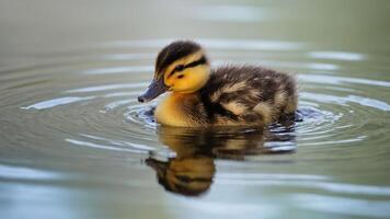 A duckling swims gently in calm water, creating ripples around it. photo