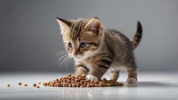 A playful kitten curiously approaches a pile of cat food. photo