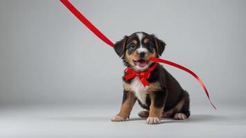 A playful puppy wearing a red ribbon, sitting happily with a red leash. photo