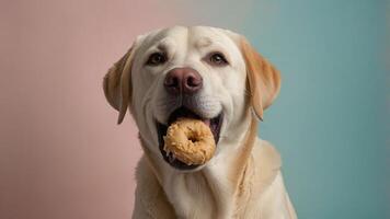A playful dog holding a donut in its mouth, set against a colorful background. photo