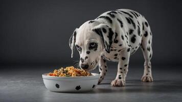 A Dalmatian puppy eating from a bowl of food on a gray background. photo