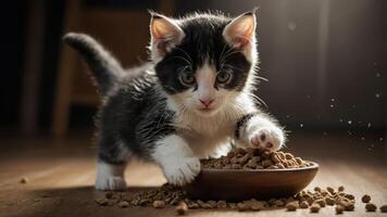 A playful kitten interacts with its food bowl, showcasing curiosity and playfulness. photo