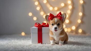 A playful corgi puppy with a bow sits beside a gift box, surrounded by soft lights. photo