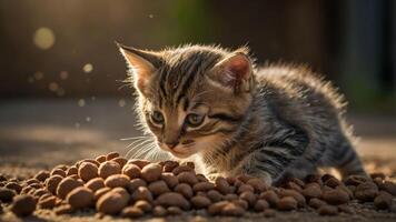 A playful kitten curiously explores a pile of cat food in a sunlit setting. photo