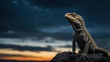 A bearded dragon perched on a rock against a dramatic sunset sky. photo