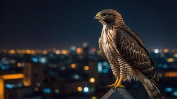A hawk perched on a rooftop at night, overlooking a city illuminated by lights. photo