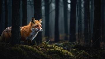 A fox stands in a misty forest, surrounded by trees and moss, evoking a serene atmosphere. photo