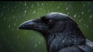 A close-up of a raven's head with raindrops on its feathers against a blurred background. photo