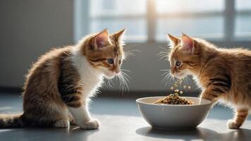 Two playful kittens curiously approach a bowl of cat food in a sunlit room. photo