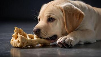 A playful puppy chewing on a textured chew toy. photo