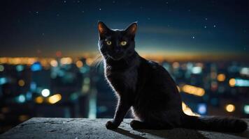 A black cat sits on a ledge overlooking a city skyline at night, illuminated by city lights. photo