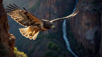 A hawk soaring above a canyon with a waterfall in the background. photo