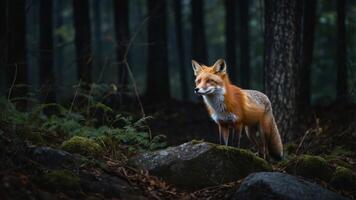 A solitary fox stands in a misty forest, illuminated by soft light. photo