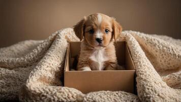 A cute puppy sits in a small box, surrounded by a cozy blanket, evoking warmth and affection. photo