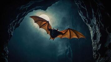 A bat flying through a cave with a full moon in the background, creating a mystical atmosphere. photo
