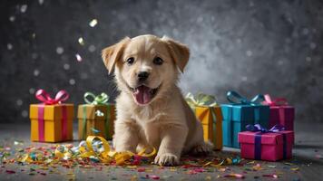 A playful puppy surrounded by colorful gifts and confetti, celebrating a festive occasion. photo