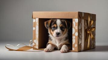 A playful puppy peeks out from a gift box, showcasing a cute and festive scene. photo