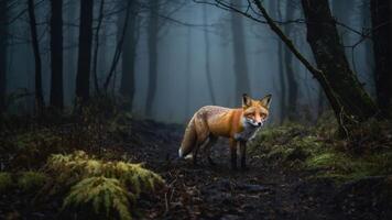 A fox stands in a misty forest, surrounded by trees and ferns, creating an atmospheric scene. photo