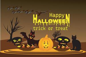 Halloween podium gradient color, ghost, bat flying, banner design on dark background vector
